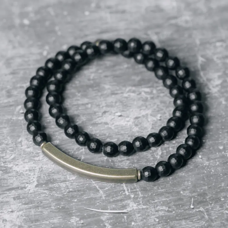 Frosted Cut Surface Onyx Copper Brass Double Bracelet