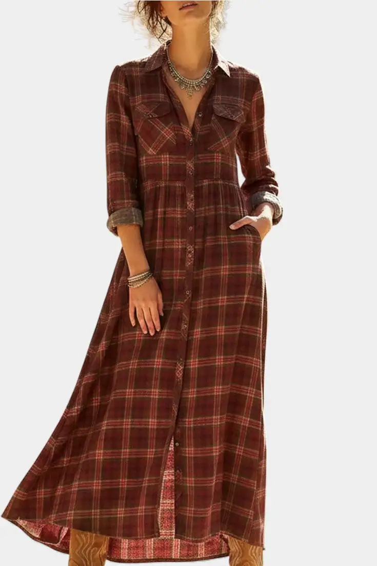 Shirt-Style Plaid Maxi Dress