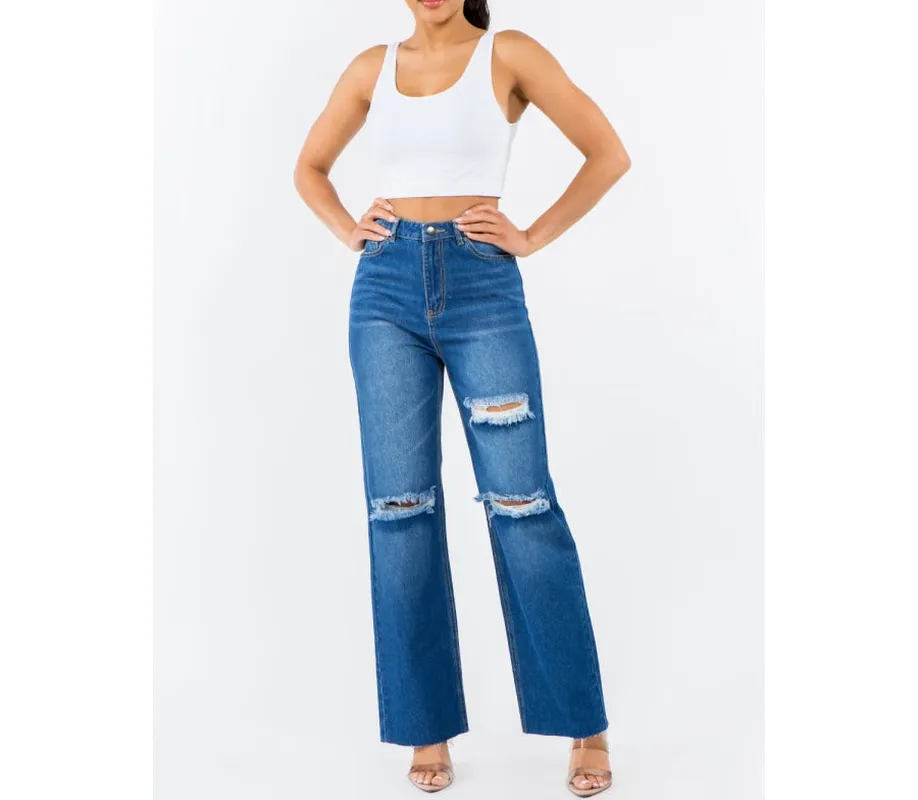 High-Waist Distressed Wide Leg Jeans