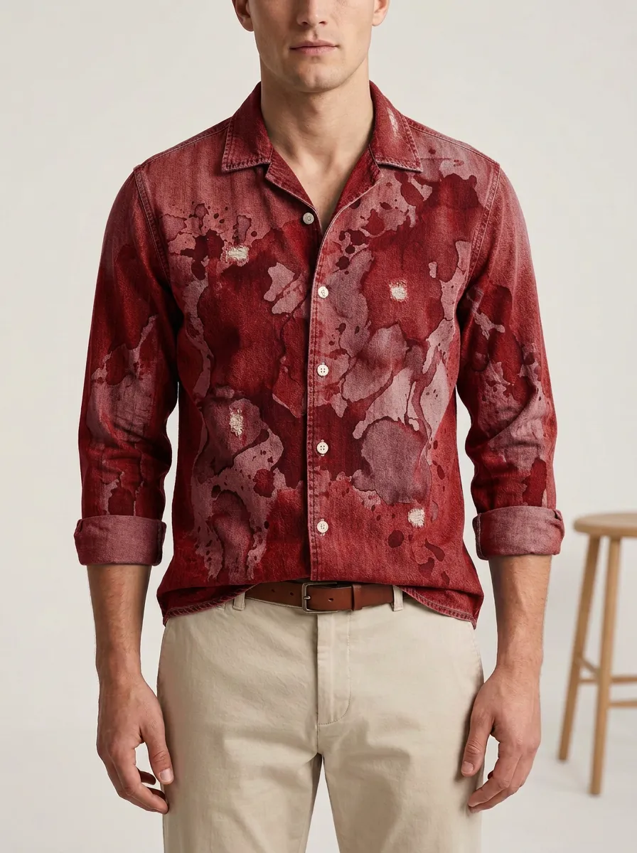 Men's Distressed Paint Splatter Denim Shirt