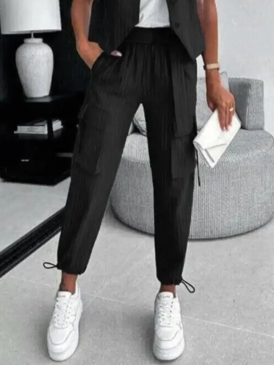 Women's Fashion Stripe Vests and Pocket Drawstring Pants Two-piece Set