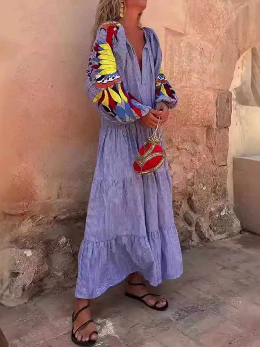 Pleated Printed Long Neck Maxi Dress