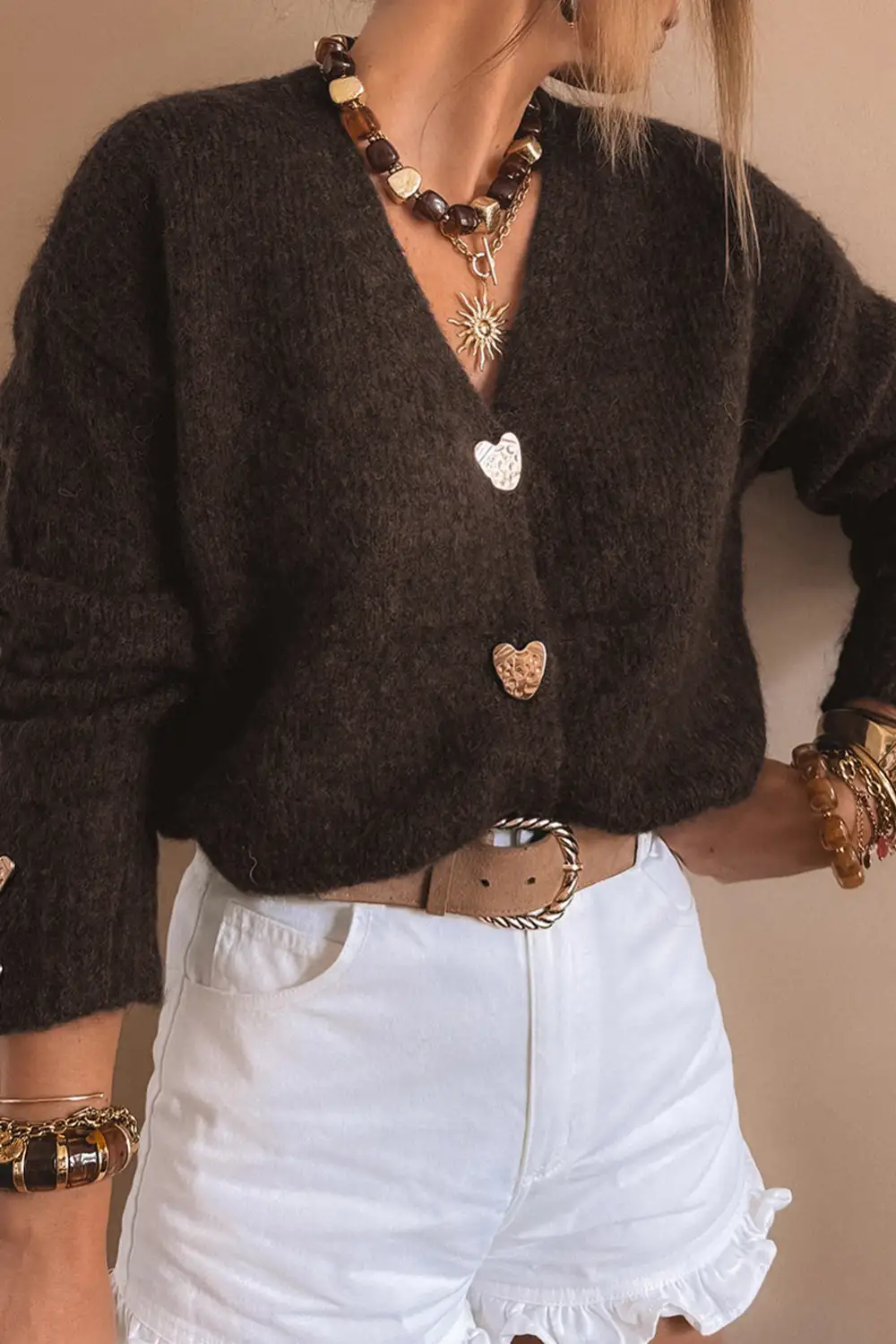Easy Layer Button Front V Neck Heart Detail Cardigan