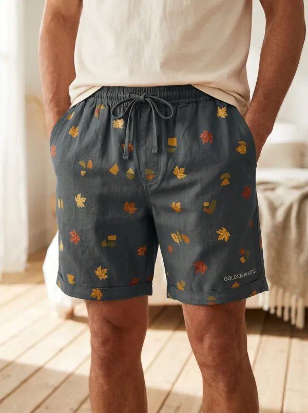 Tan Leaf Print Drawstring Shorts