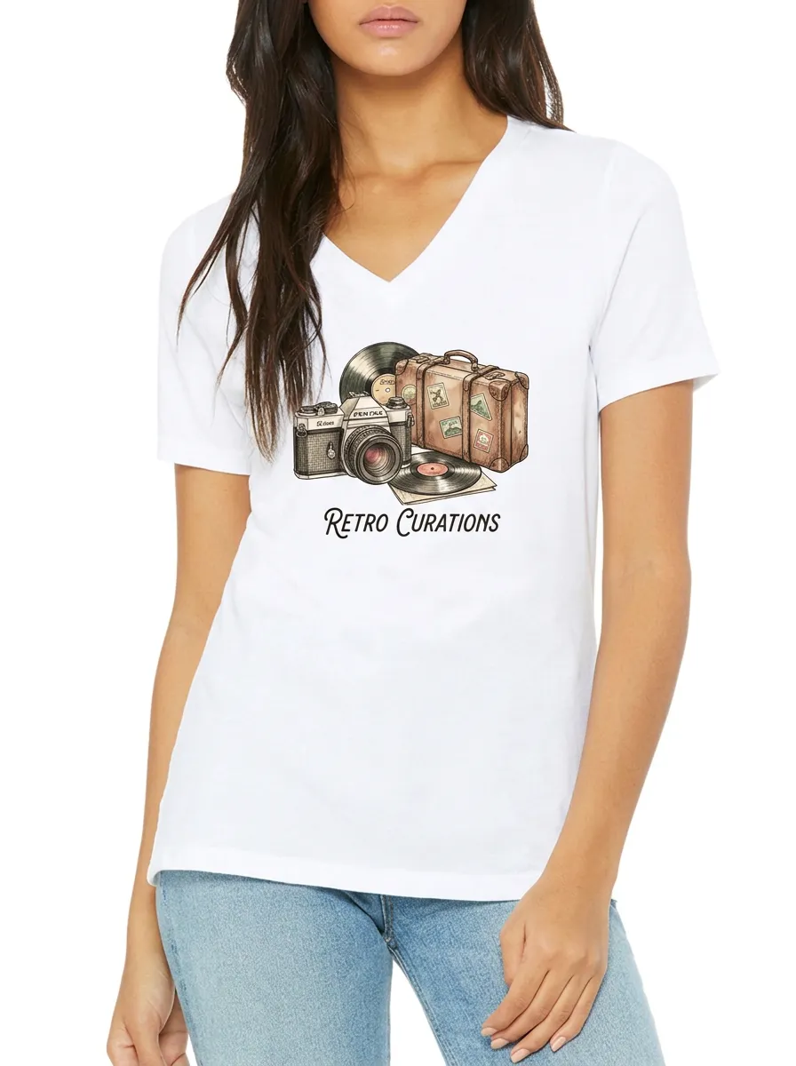 Women's Retro Travel Camera Vinyl Record Graphic V-Neck T-Shirt