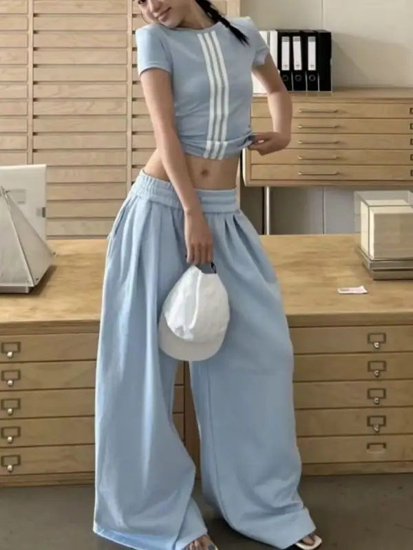 Elevated Striped Crop Top and Wide Leg Pants Set