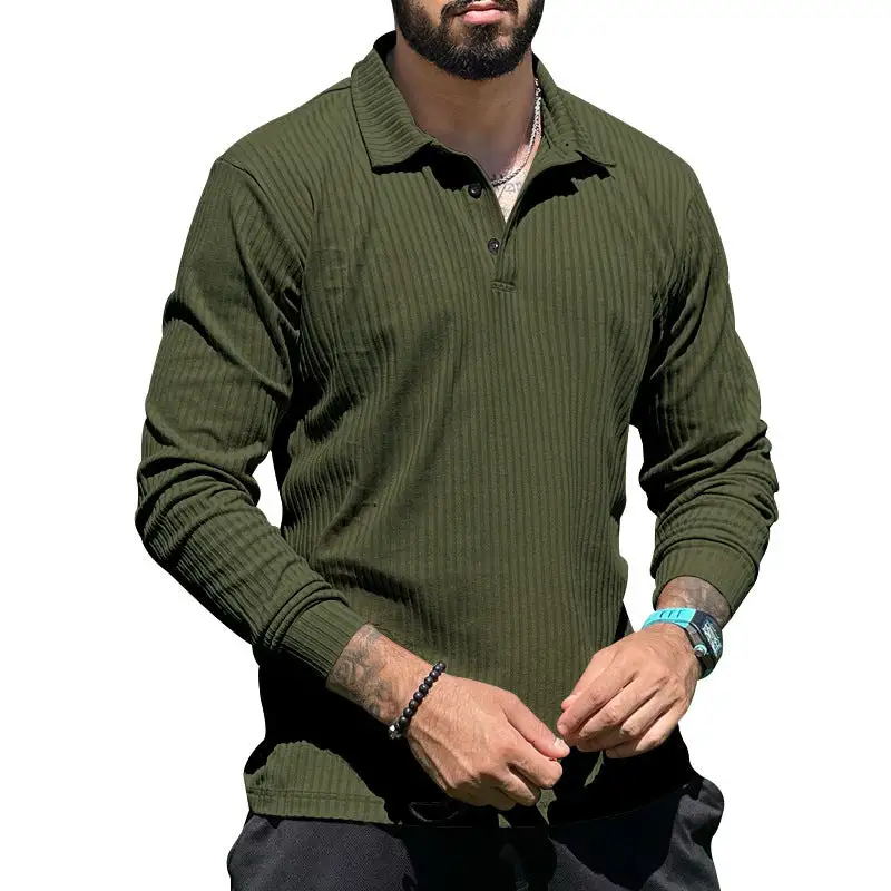 Streamlined Ribbed Button Placket Long Sleeve Fine Knit Polo Shirt