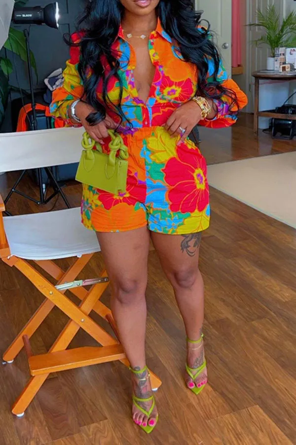 Floral Print Collared Long Sleeve Pant Set