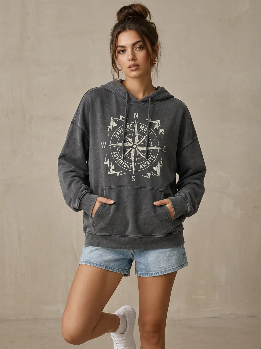 Women's Adventure Compass Mountain Explore More Printed Hoodie