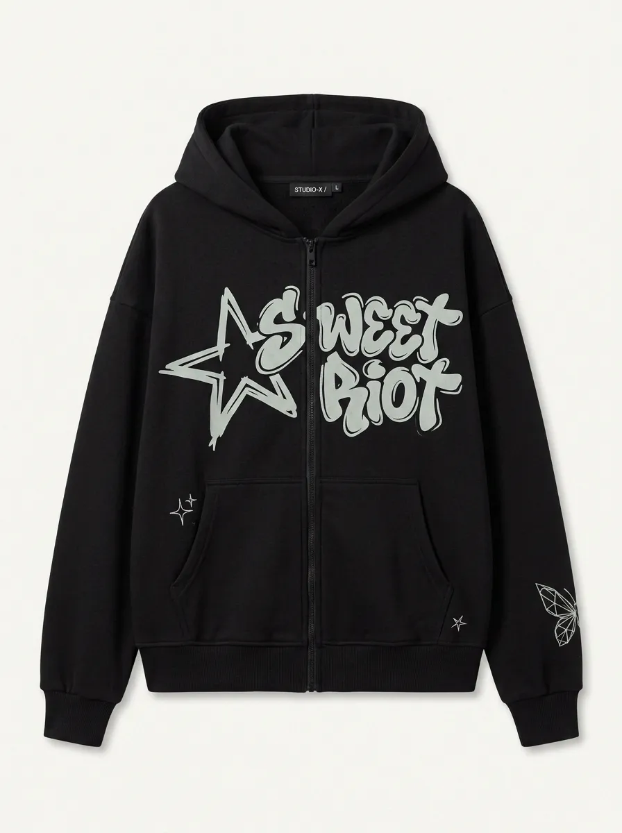 Unisex Streetwear Sweet Riot Star Butterfly Printed Zip-up Hoodie