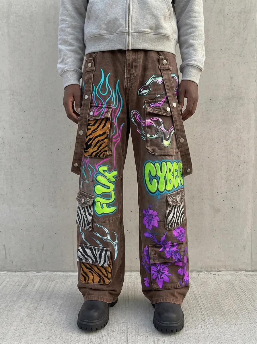 Men's Streetwear Cyber Graffiti Flame Animal Print Graphic Cargo Jeans