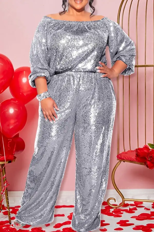Sequin Off-Shoulder Long Sleeve Jumpsuit