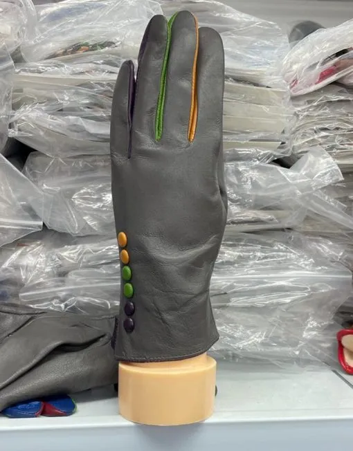 Three Tone Button Leather Gloves