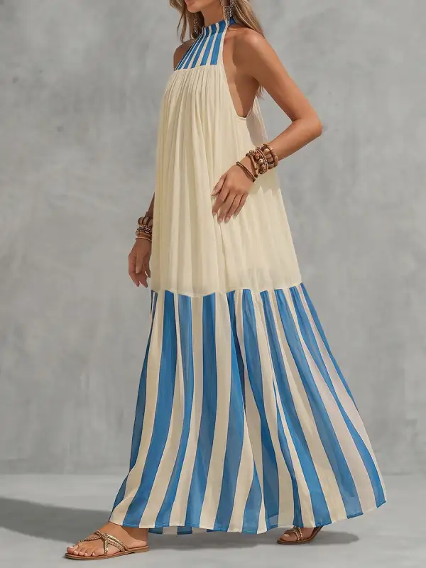 Striped Pleated Neck Maxi Dress