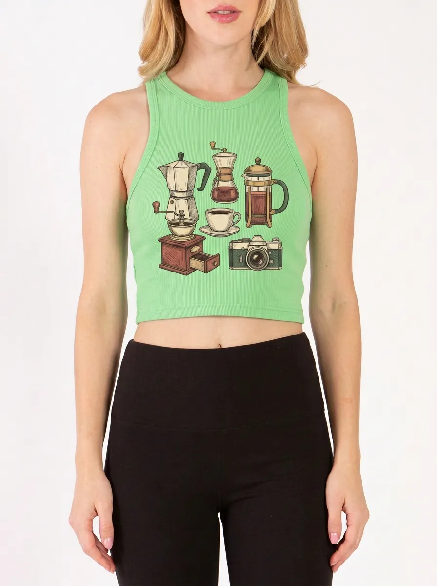 Women's Coffee-Inspired Vintage Camera Printed Crop Tank Top