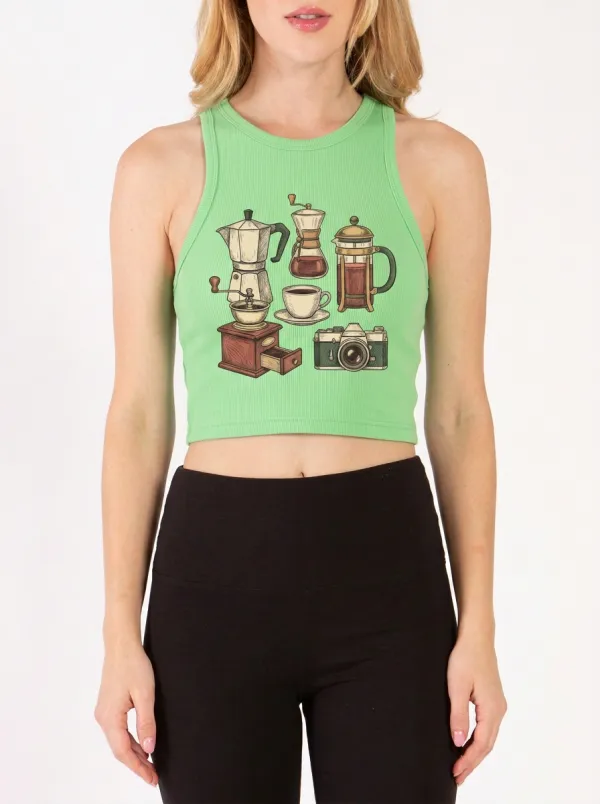 Women's Coffee-Inspired Vintage Camera Printed Crop Tank Top