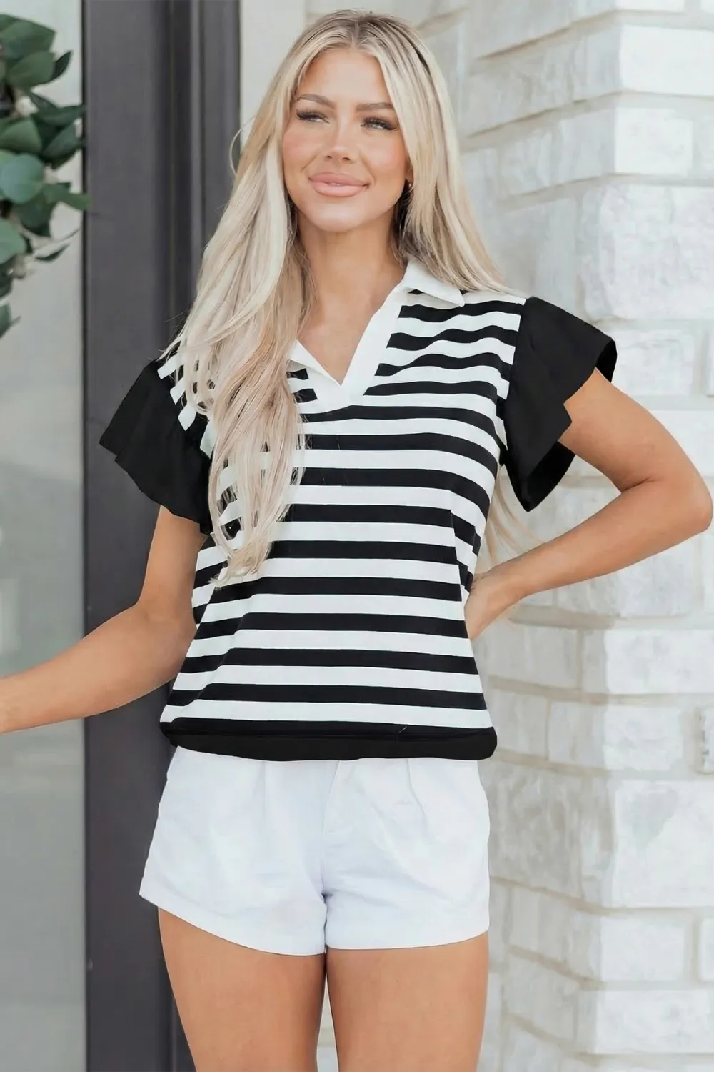 Black Stripe Collar V Neck Blouse