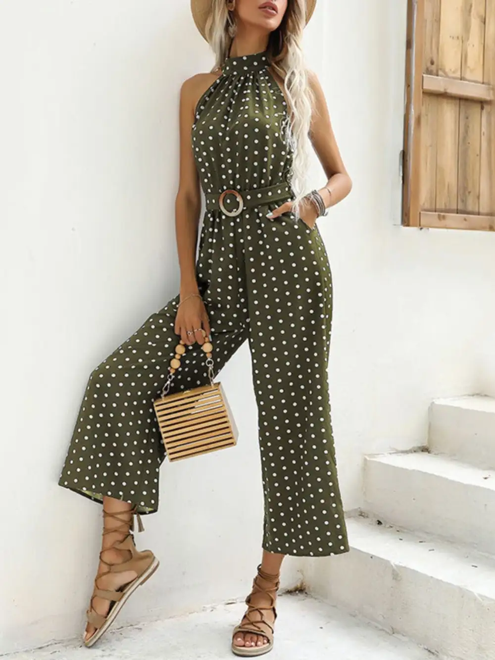 Polka Dot Halter Neck Wide Leg Jumpsuit