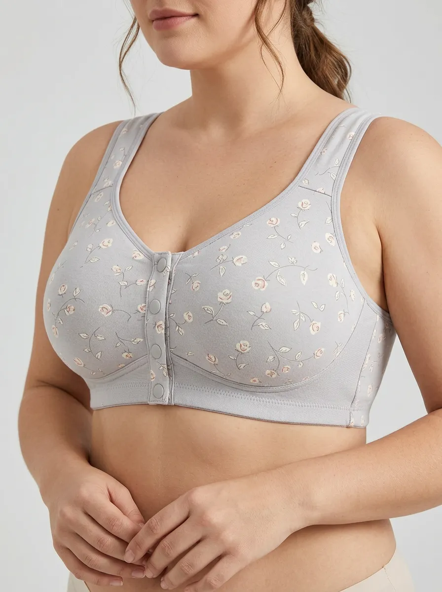 Women's Plus Size Grey Rose Floral Front-Closure Full-Coverage Wireless Bralette