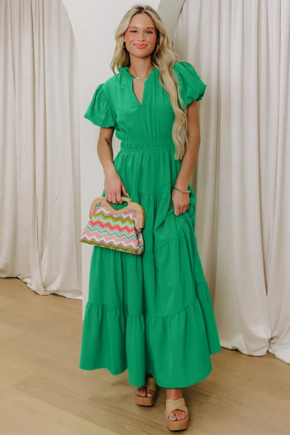Clean Line V Neck Tiered Puff Sleeve Maxi Dress