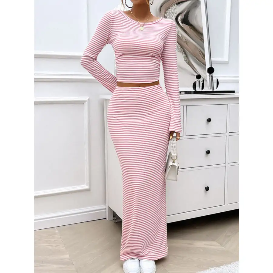 Striped Boat Neck Top and Skirt Set