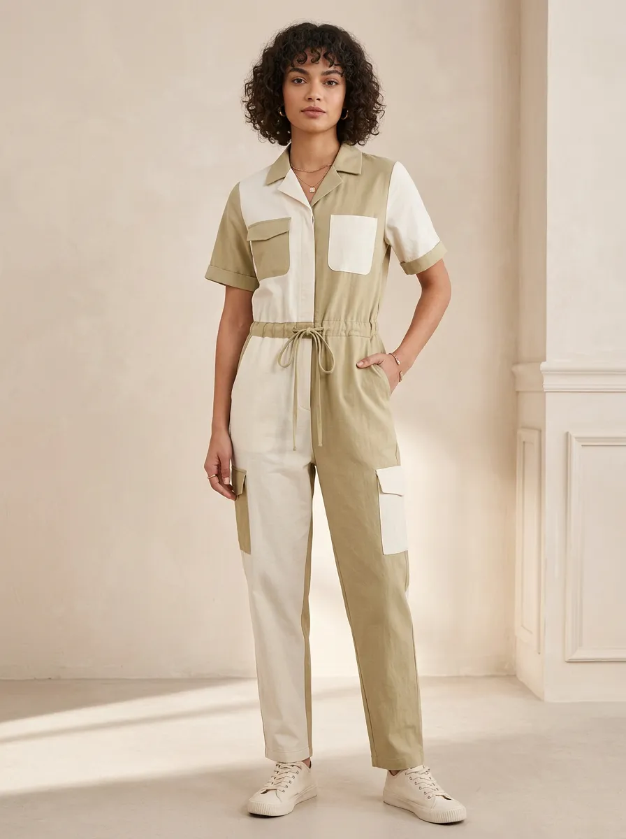 Women's Marin Casual Two-Tone Colorblock Cargo Jumpsuit