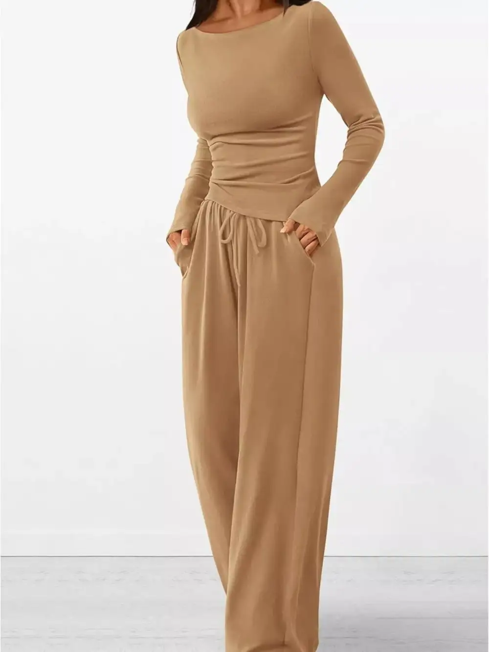 Relaxed Long Sleeve Top and Wide Leg Pants Set