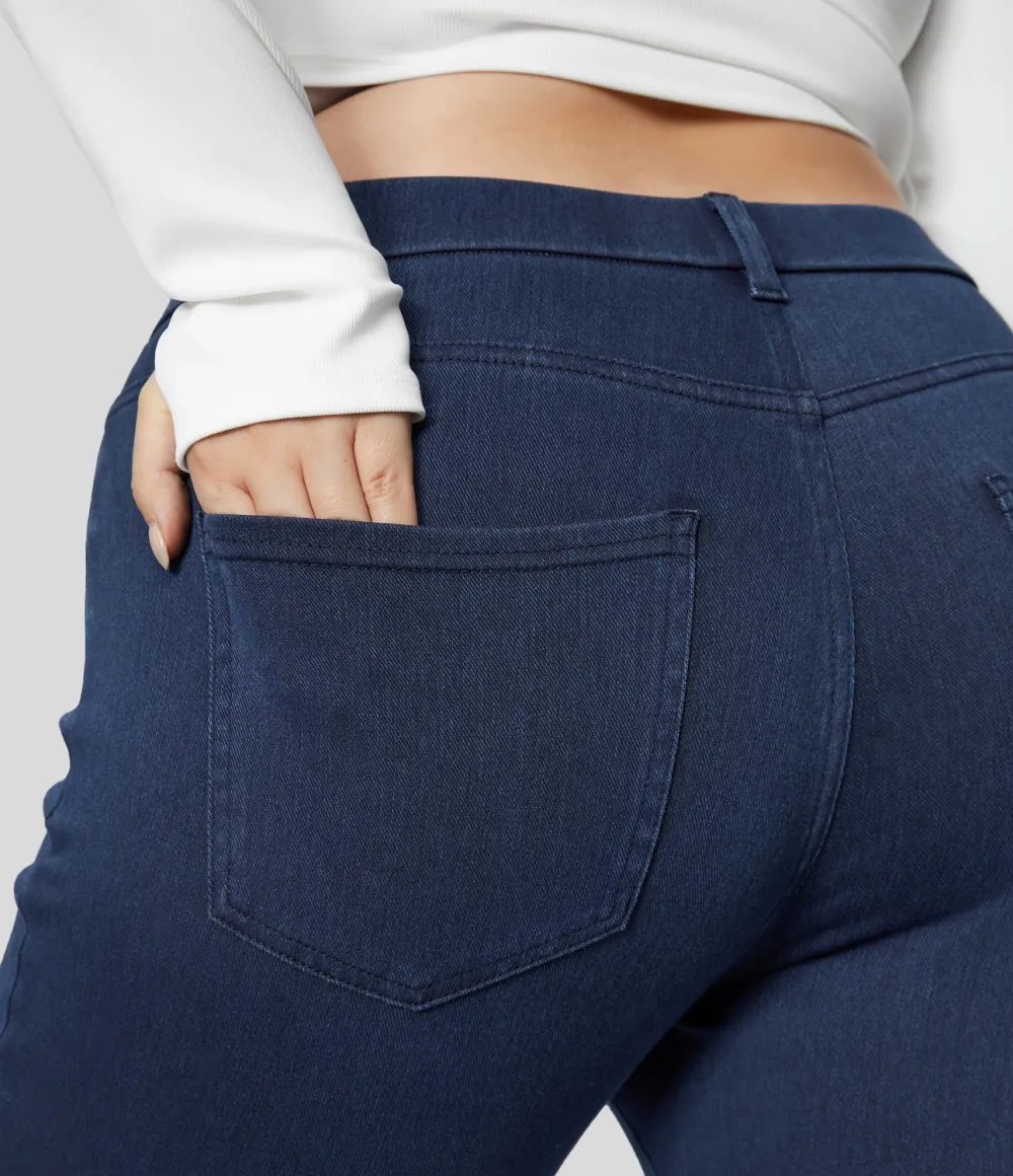 Magic High Waisted Multiple Pockets Stretchy Knit Denim Work 7/8 Plus Size Leggings