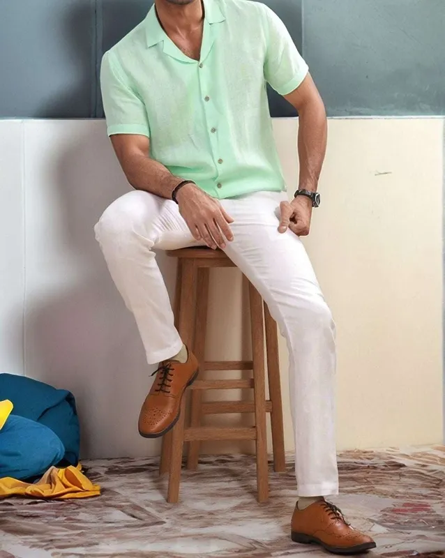 Mint Green Linen Camp Collar Shirt