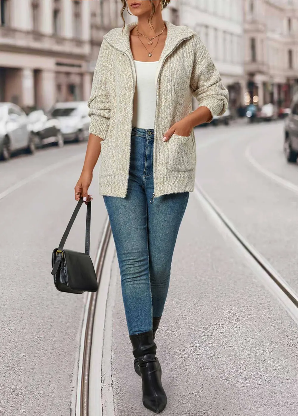 Beige Zipper Long Sleeve Turn Down Collar Coat