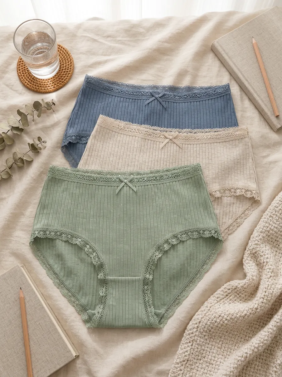 Women's Ribbed Lace Trim Bowknot 3-Pack Briefs