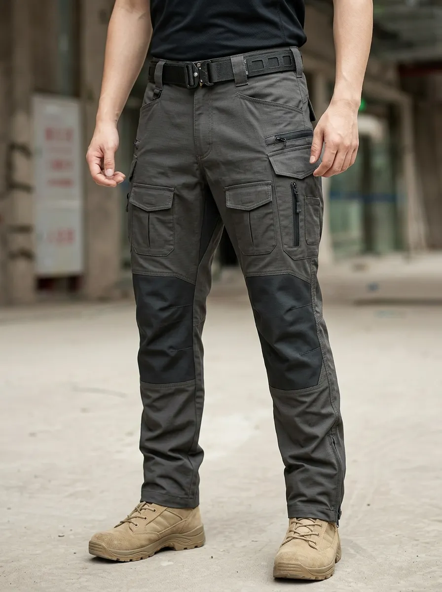 Men's Tactical Zip-Utility-Pocket Cargo-Pocket Contrast-Panel Zip-Hem Cargo Pants