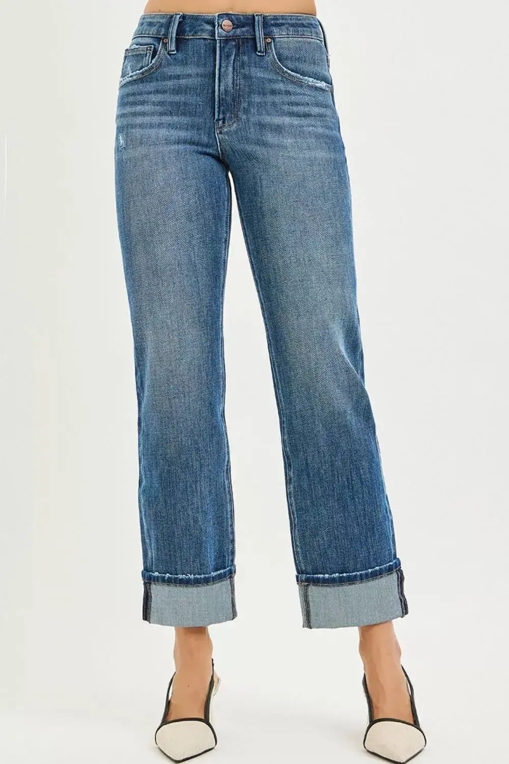 Straight Leg Stretch Cuffed Denim Jeans