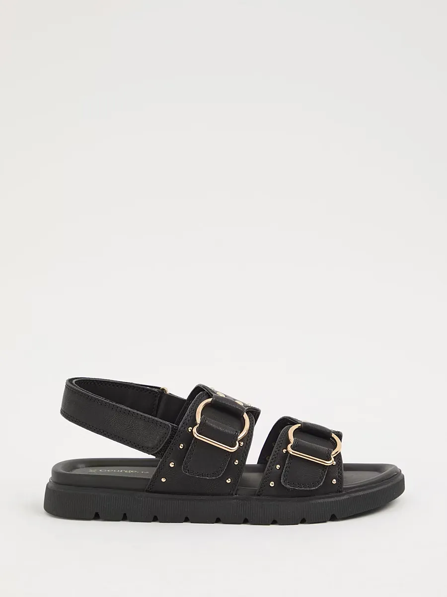 Black Double Strap Stud Sandals