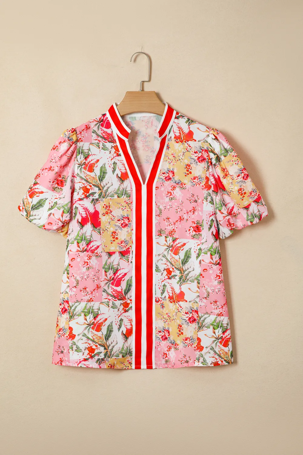 Pink Contrast Collared V Neck Blouse