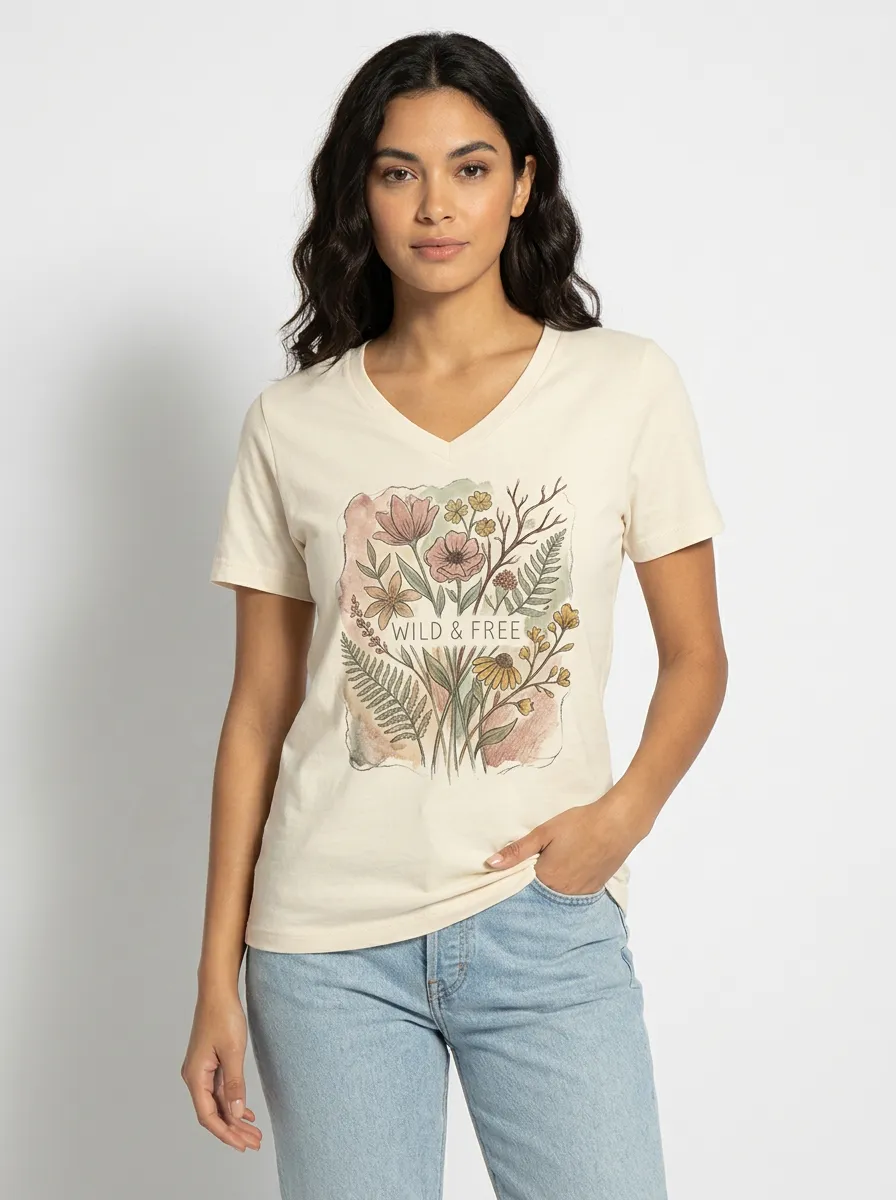 Women's Wild & Free Nature-Inspired Floral Watercolor Printed V-Neck T-Shirt