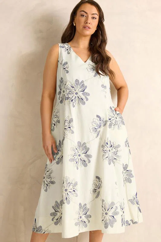 Cream Embroidered Floral Linen Midi Dress detail 1