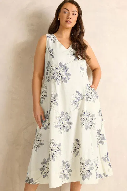 Cream Embroidered Floral Linen Midi Dress