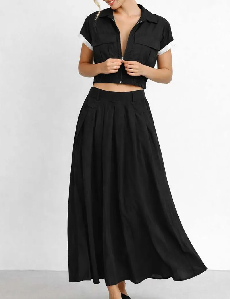 Zip Up Utility Pocket Jacket Top and Maxi Skirt Matching Set