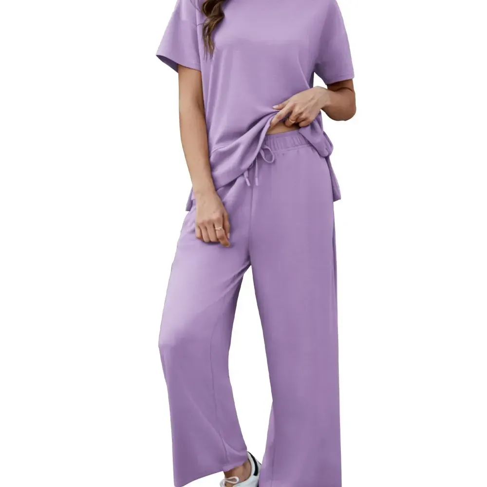 PINSPARK Women Summer Lounge Set with Short Sleeve Top & Wide Leg Pants