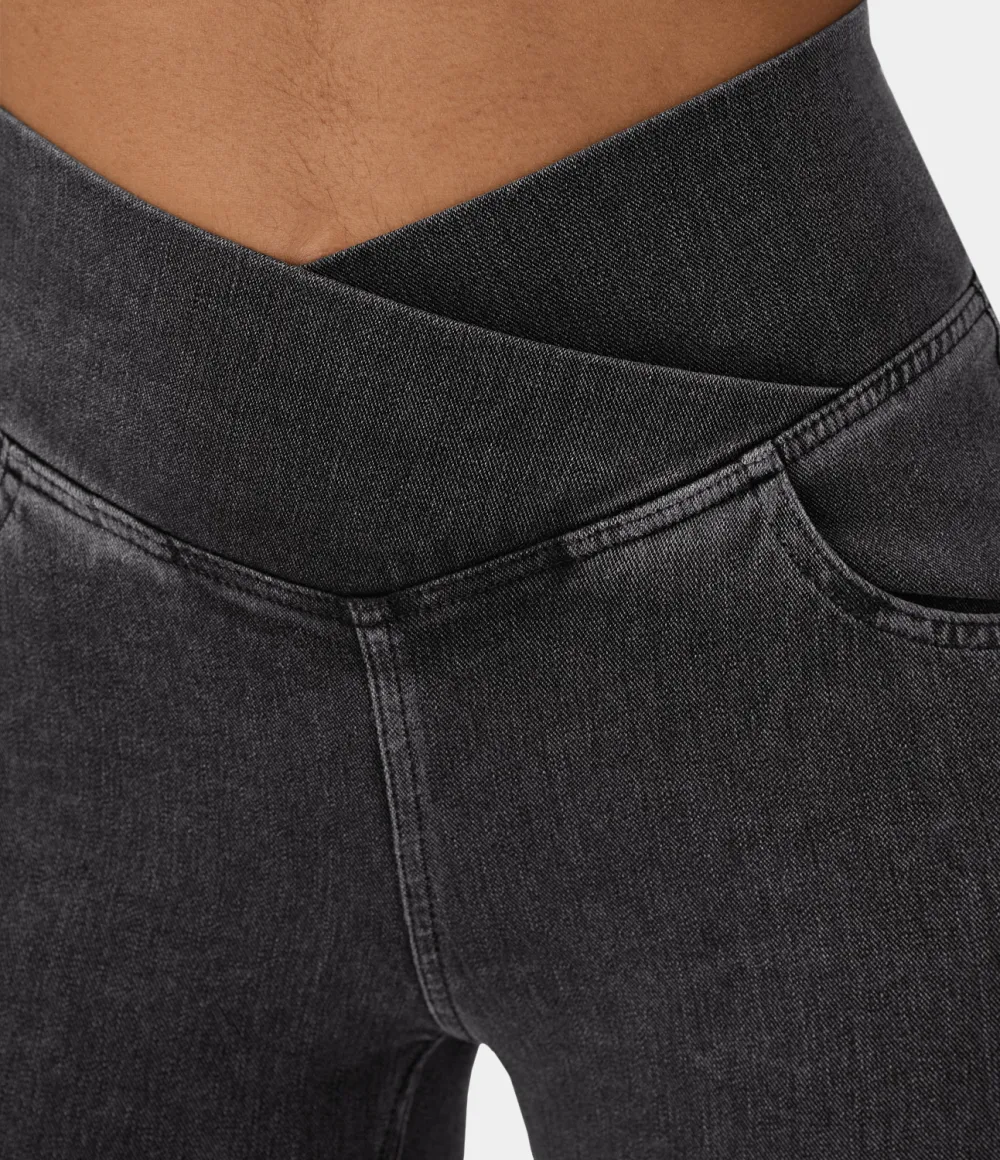 Magic High Waisted Crossover Pocket Cool Touch Washed Stretchy Knit Casual Super Flare Jeans