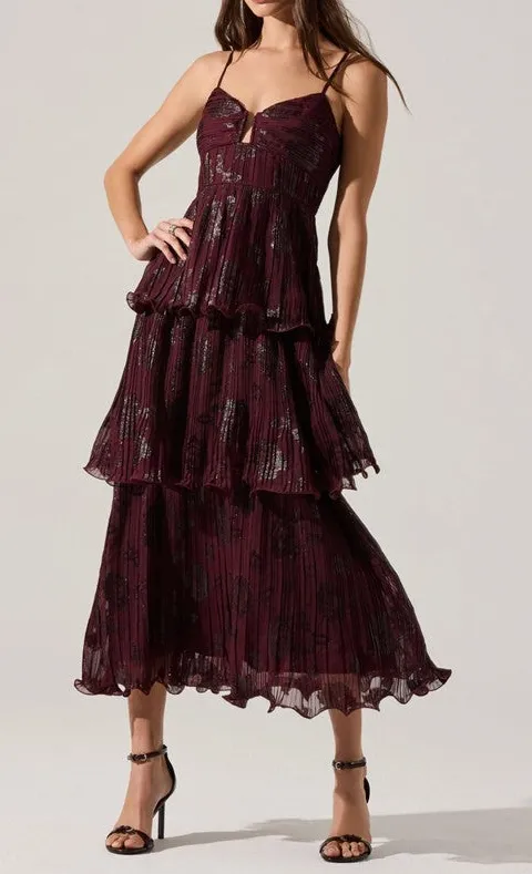 Burgundy Floral Pleated Tiered Maxi Dress