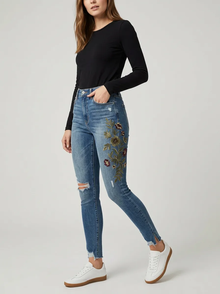 Women's Marin Floral Vintage Flower Embroidered Printed Slim Jeans