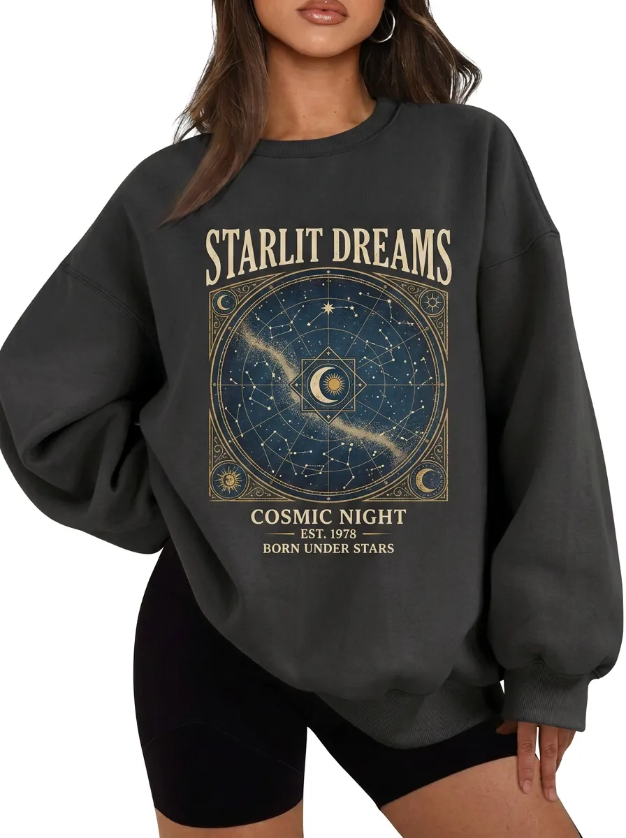 Women's Celestial Starlit Dreams Cosmic Night Constellation Printed T-shirt