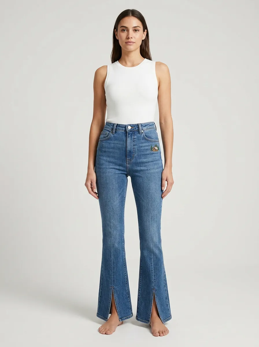 Women's Cabin Pine Embroidered Full-Length Split-Hem Flare Jeans