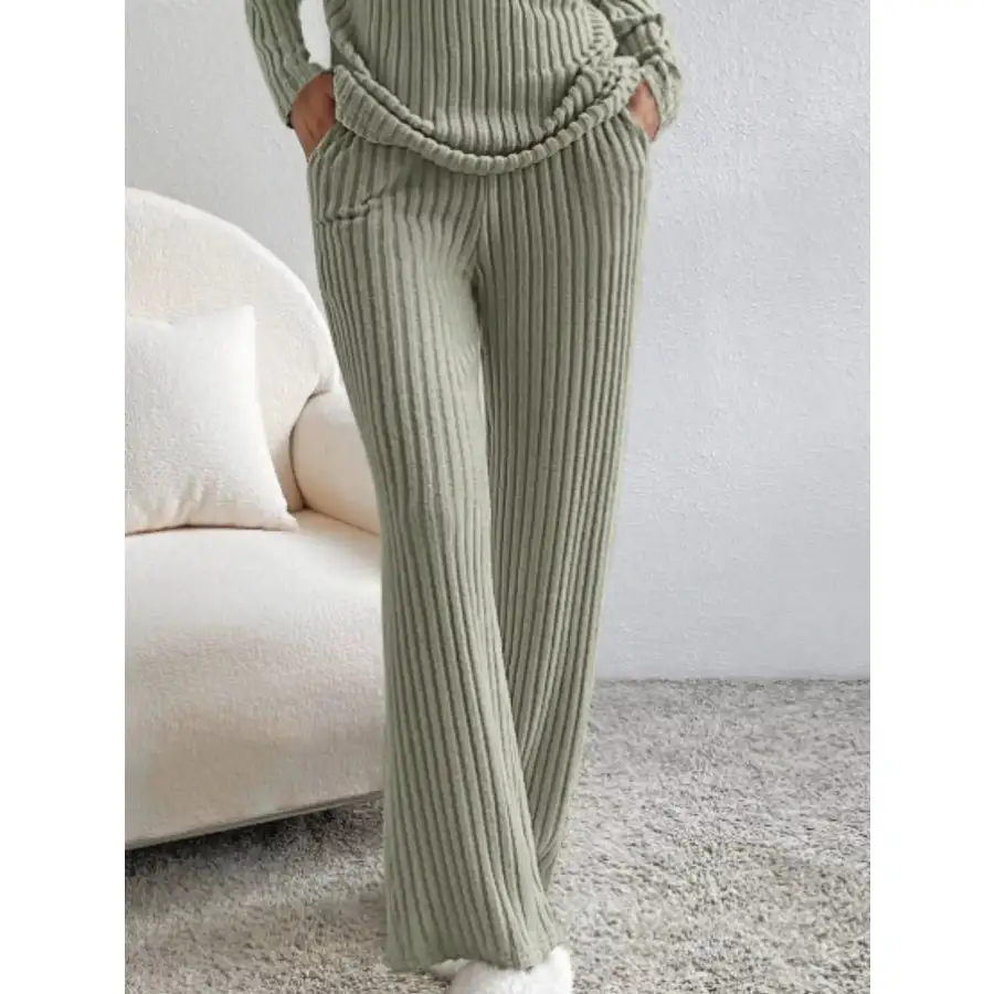 Classic Ribbed Knit Long Sleeve Top and Pants Set
