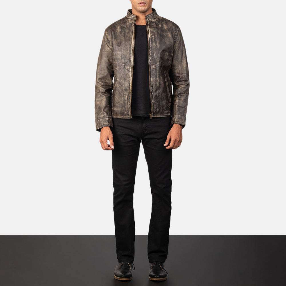 Men's Utility Biker Leather Distressed Jacket