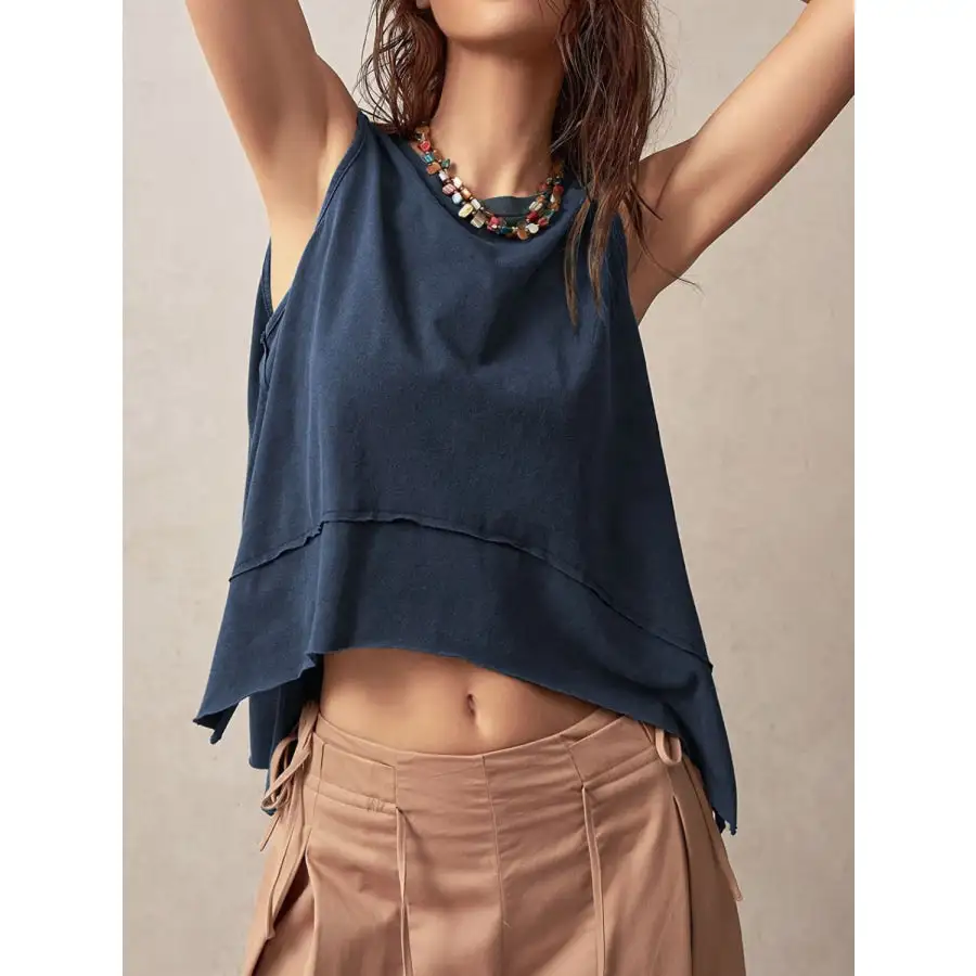 Exposed Seam Side Slit Round Neck Tank