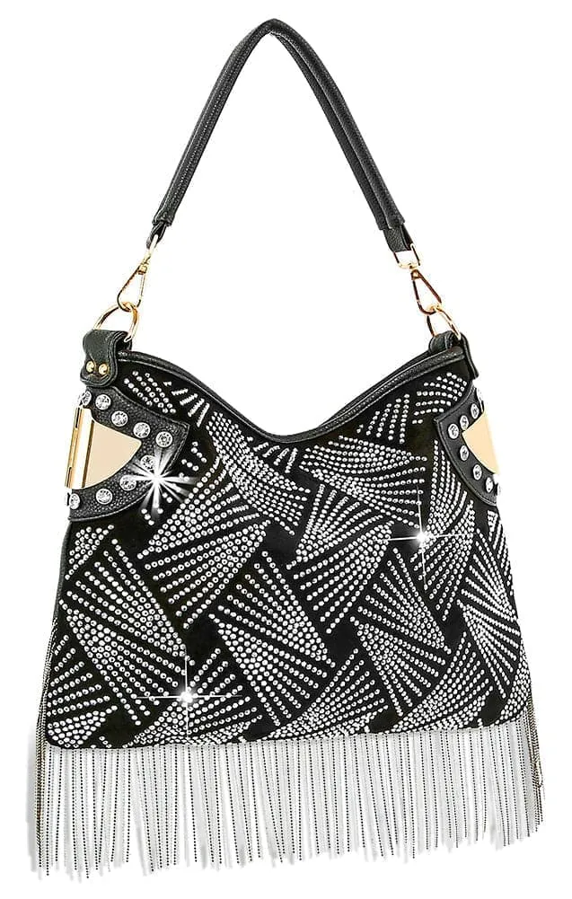 Refined Detail Crystal Accent Beaded Fringed Faux Leather Hobo Shoulder Bag