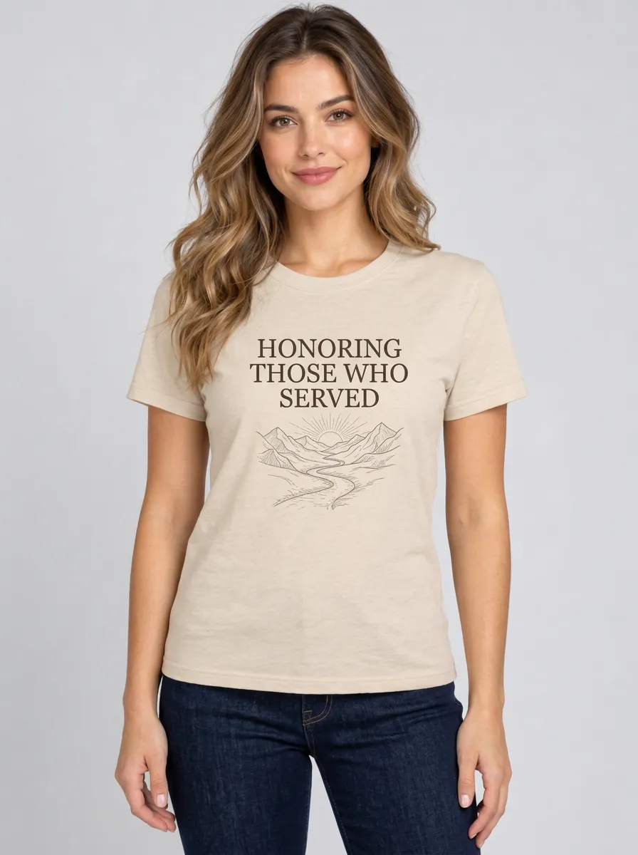 Women's Minimalist Veterans Day Honoring Those Who Served Mountain Landscape Graphic Crewneck T-Shirt